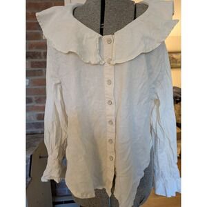 We The Free People Ivory Linen Ruffle Peasant Tunic Top Sm/Med  Oversized Boho